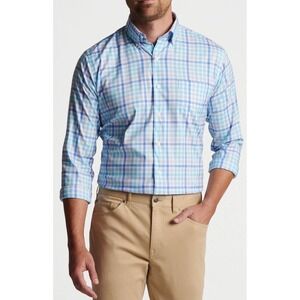 Peter Millar Mens XXL Blue Teal Plaid Performance Button Down Shirt Stretch